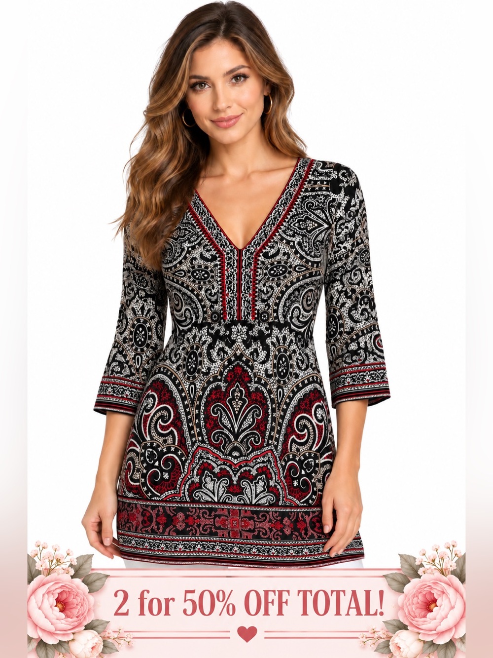 WHBM White House Black Market Paisley Print V-Neck Long Sleeve TUNIC Top